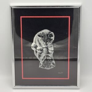 Vintage 1978 Droguett Kitten & Reflection Black & White Framed Print 8.5 x 10.5